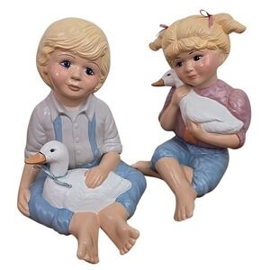 Vintage Ceramic Ducks Blue Ribbon with Children Figurines‎ Cottage Granny Core